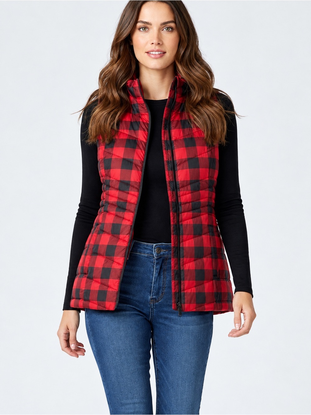 J Jill Buffalo Plaid Down Puffer Vest Red Black Small Pockets Side Vents